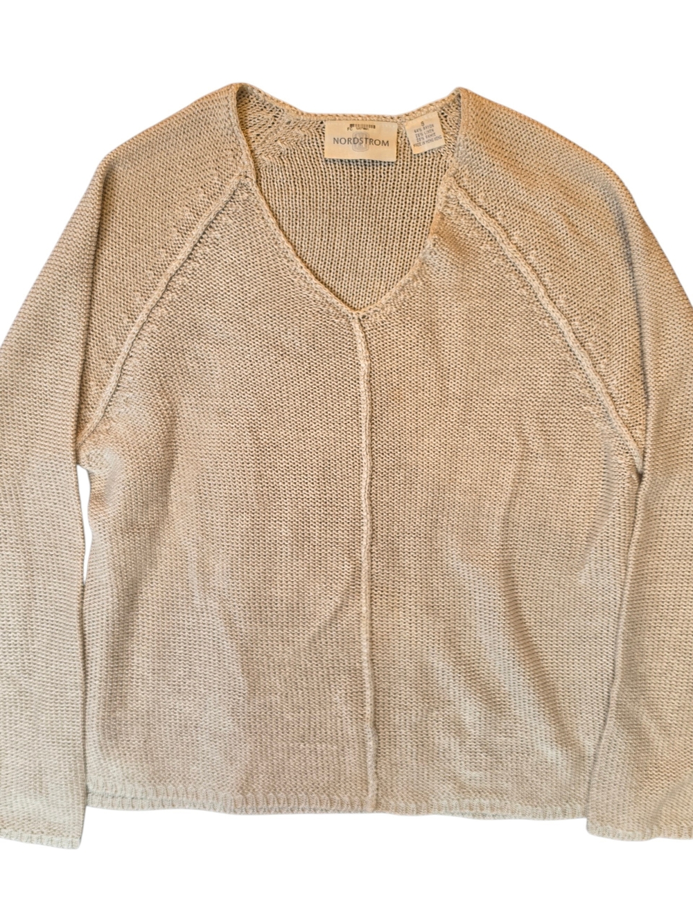 Nordstrom Cream V-Neck Knit Pullover Raglan Sweater Linen Ramie Blend Small